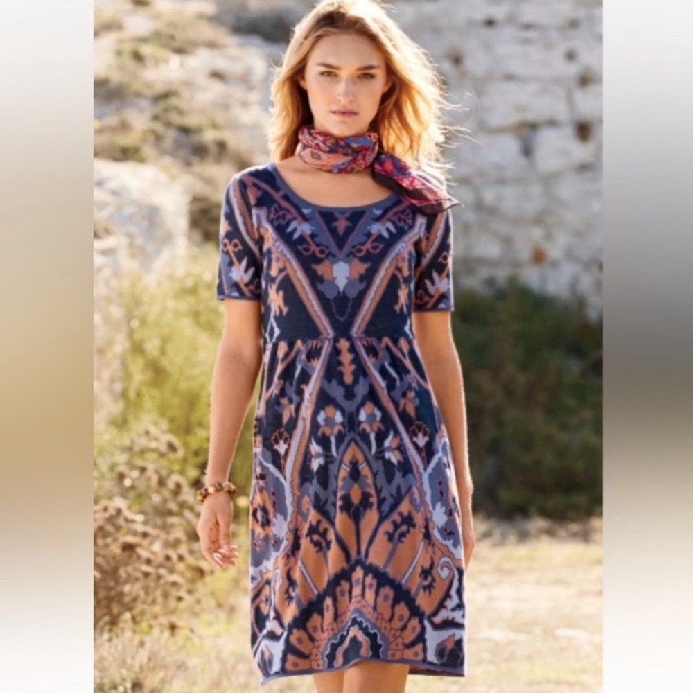 Peruvian Connection Lorelei Dress Navy Blue Pima Cotton Jacquard Knit Floral L